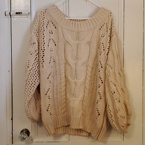 Balloon sleeve knit cream sweater, off/on shoulder